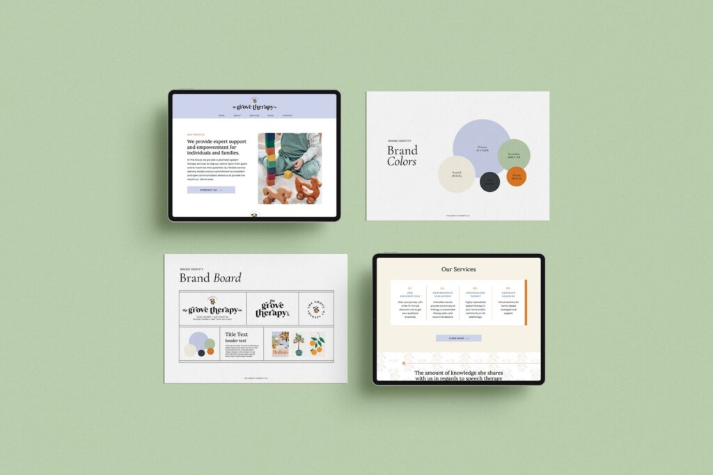 Four iPad screens displaying a complete brand guidelines layout — a visual example for businesses that have outgrown their DIY brand.
